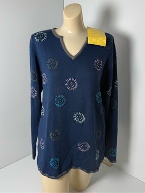 Stitches In Time Women’s Sweater Blue Embroidered Split Neck Size M QVC 90s